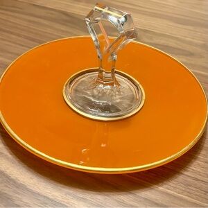 Vintage Art Deco Orange Glass Serving Tray with Handle 
Gold Rim